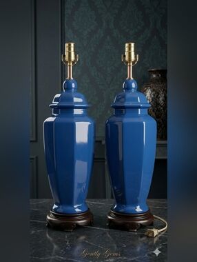 Vintage Pair Blue Octagonal Chinoiserie Ginger Jar Table Lamps MCM #GentlyGems